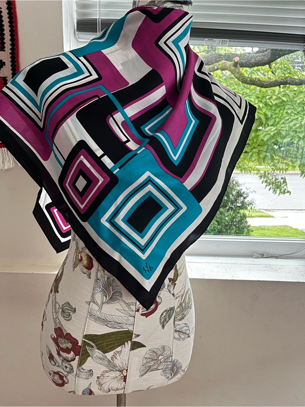NYC Geometric Silk Scarf - Black, Teal & Magenta